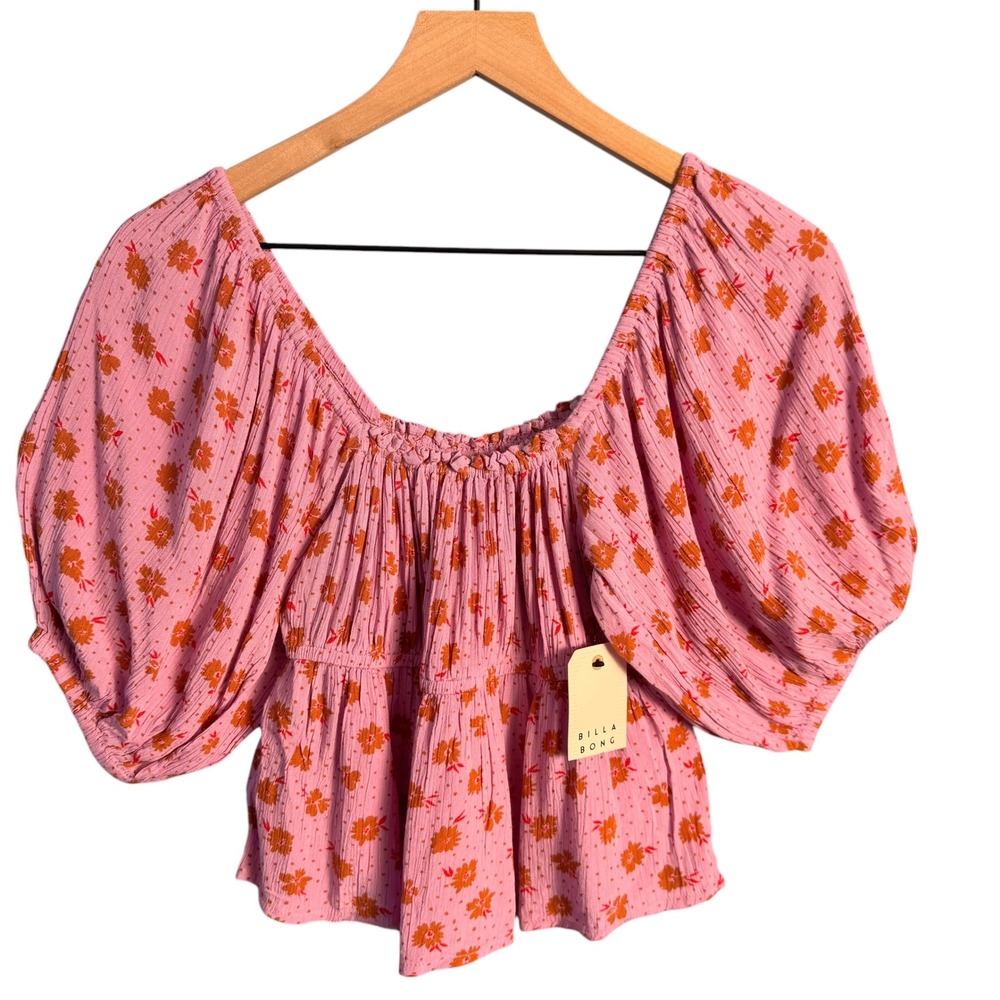 Billabong Womens Pink‎ Floral Puff Sleeve Babydoll Peasant Top Medium NWT